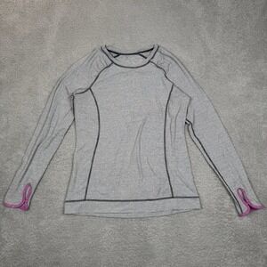 Lucy Womens Grey Striped Long Sleeve Activewear Top Thumbholes M Yoga Workout